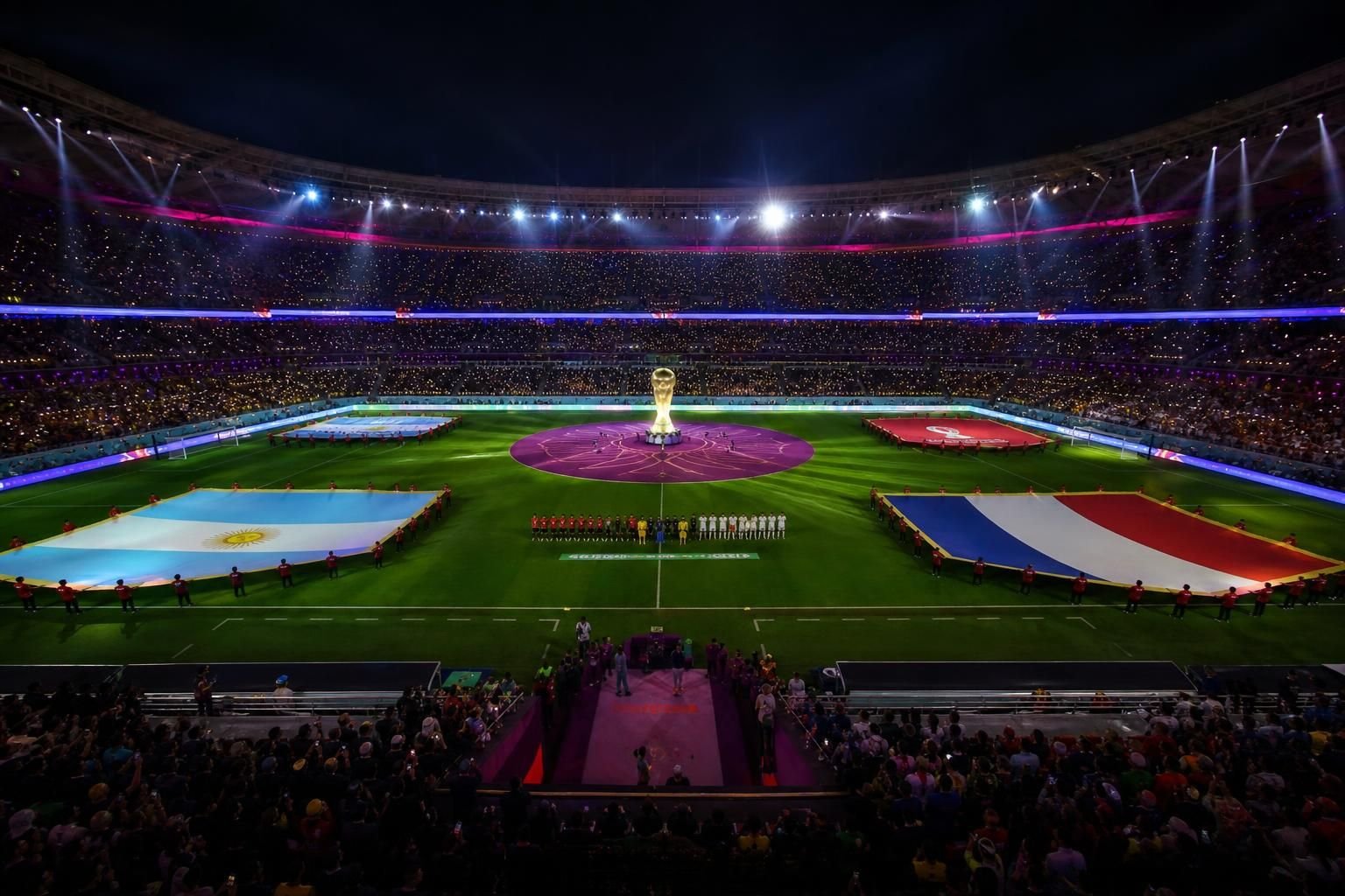 WK-stadion met pre-match ceremonie rond de middencirkel en grote vlaggen op het veld