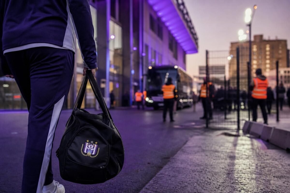 Transfercontext rond RSC Anderlecht met paars-witte stadionomgeving zonder herkenbare gezichten