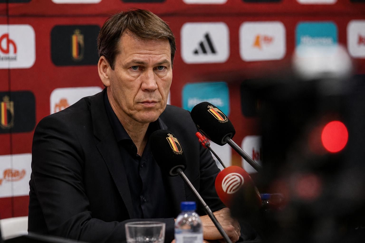 Rudi Garcia tijdens een gespannen persmoment bij de Rode Duivels voor het WK.