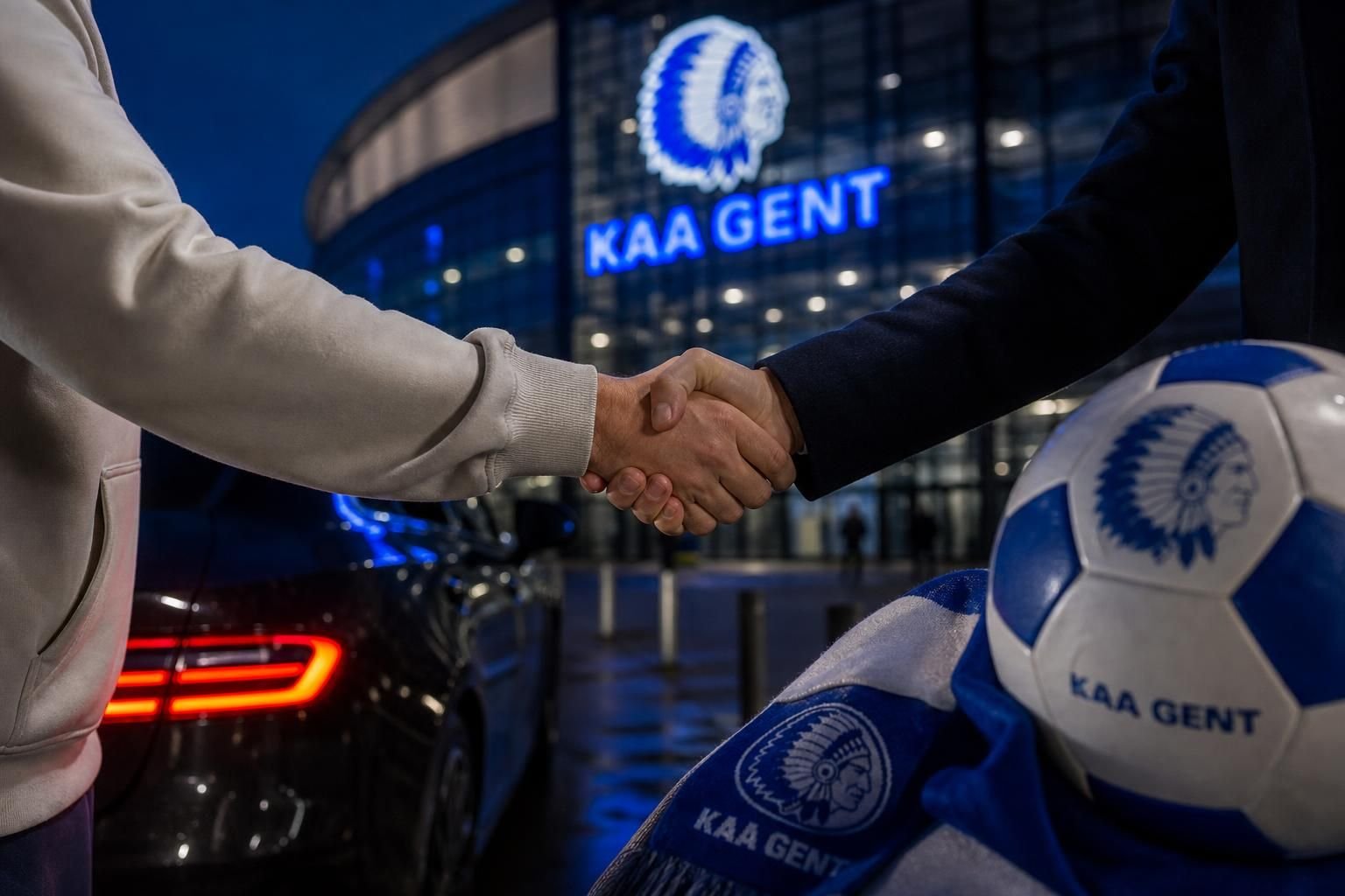 Transfercontext rond KAA Gent met een aankomstsfeer zonder herkenbare gezichten.