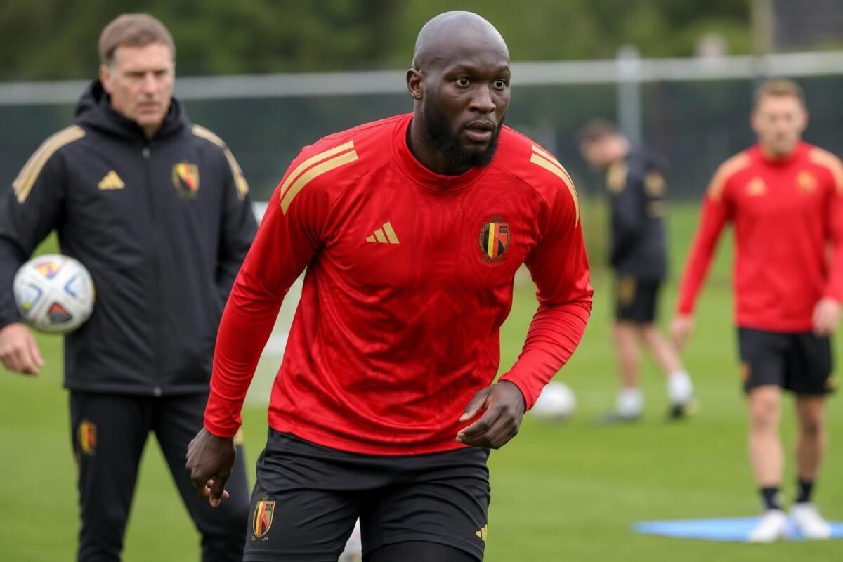 Romelu Lukaku tijdens een geconcentreerd trainingsmoment bij de Rode Duivels richting WK