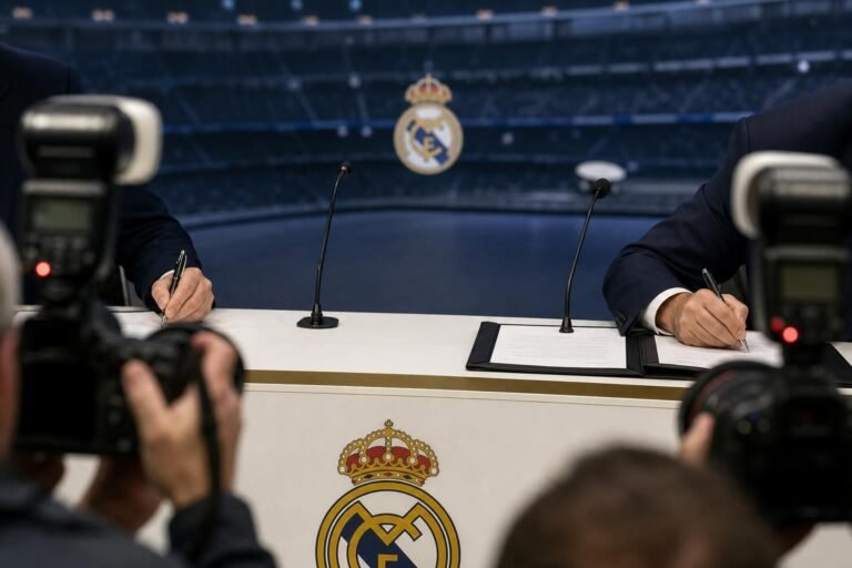 Persmoment rond de vernieuwde sponsordeal van Real Madrid met Emirates
