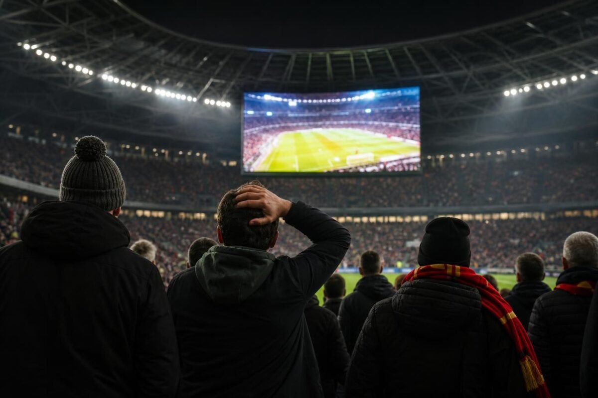 Supporters kijken voor de aftrap naar een groot stadionscherm in een WK-stadion.