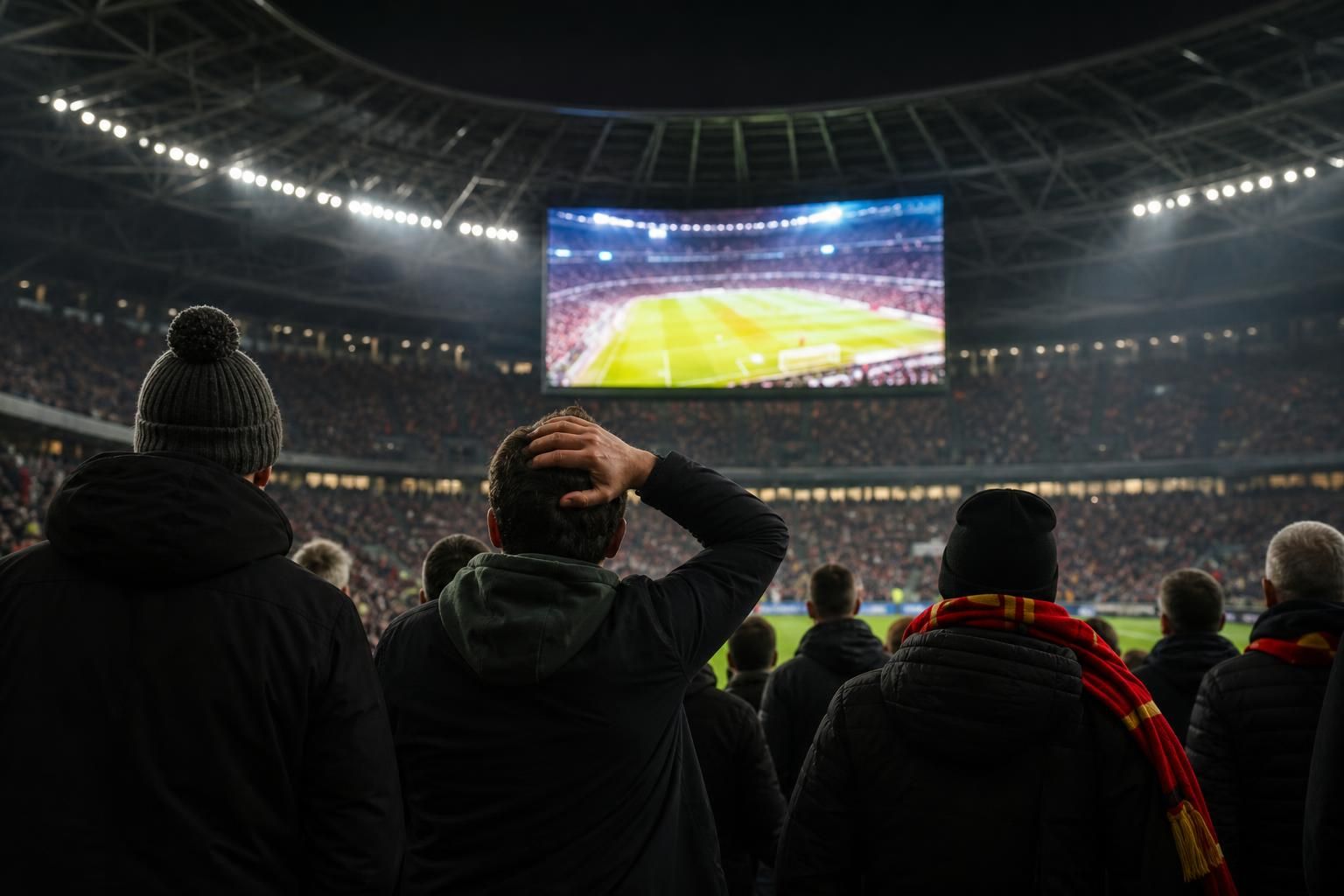 Supporters kijken voor de aftrap naar een groot stadionscherm in een WK-stadion.