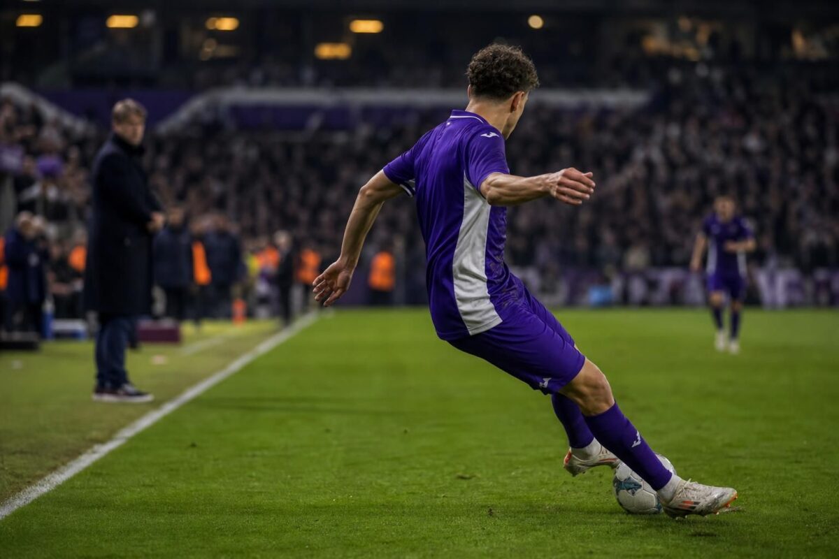 Jonge Anderlecht-speler in paarse tenue tijdens een beladen wedstrijdsfeer