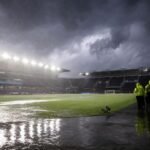 Een door storm en regen getroffen voetbalstadion in Orlando waar Engeland tegen Costa Rica zou oefenen