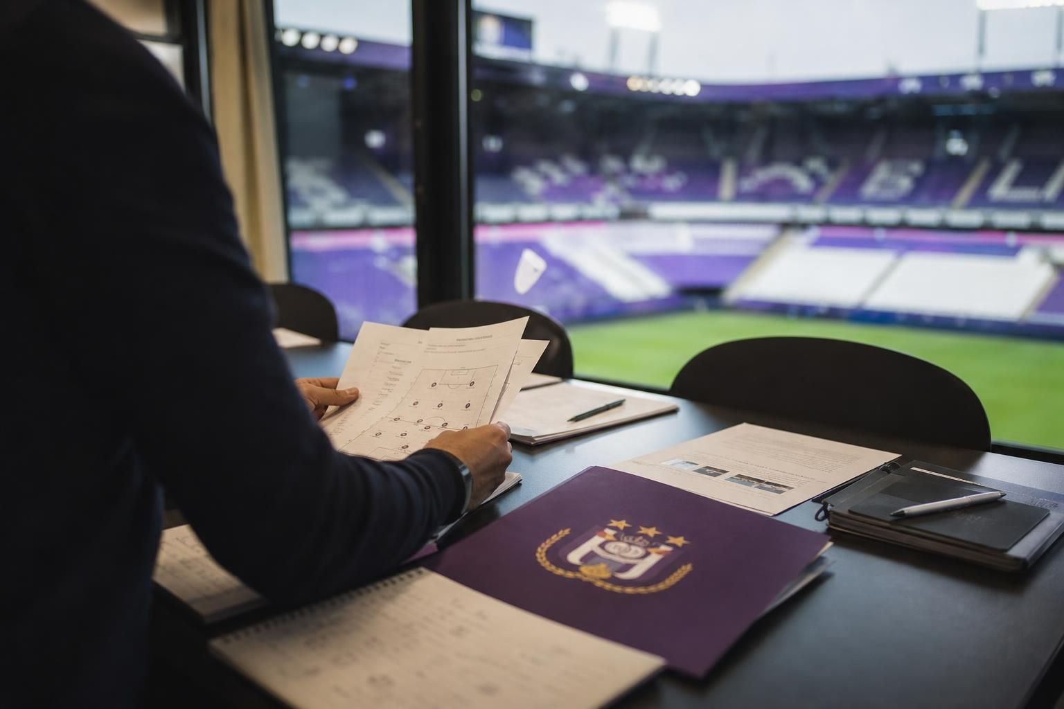 Een transfercontext rond RSC Anderlecht in het Lotto Park, zonder herkenbare personen.