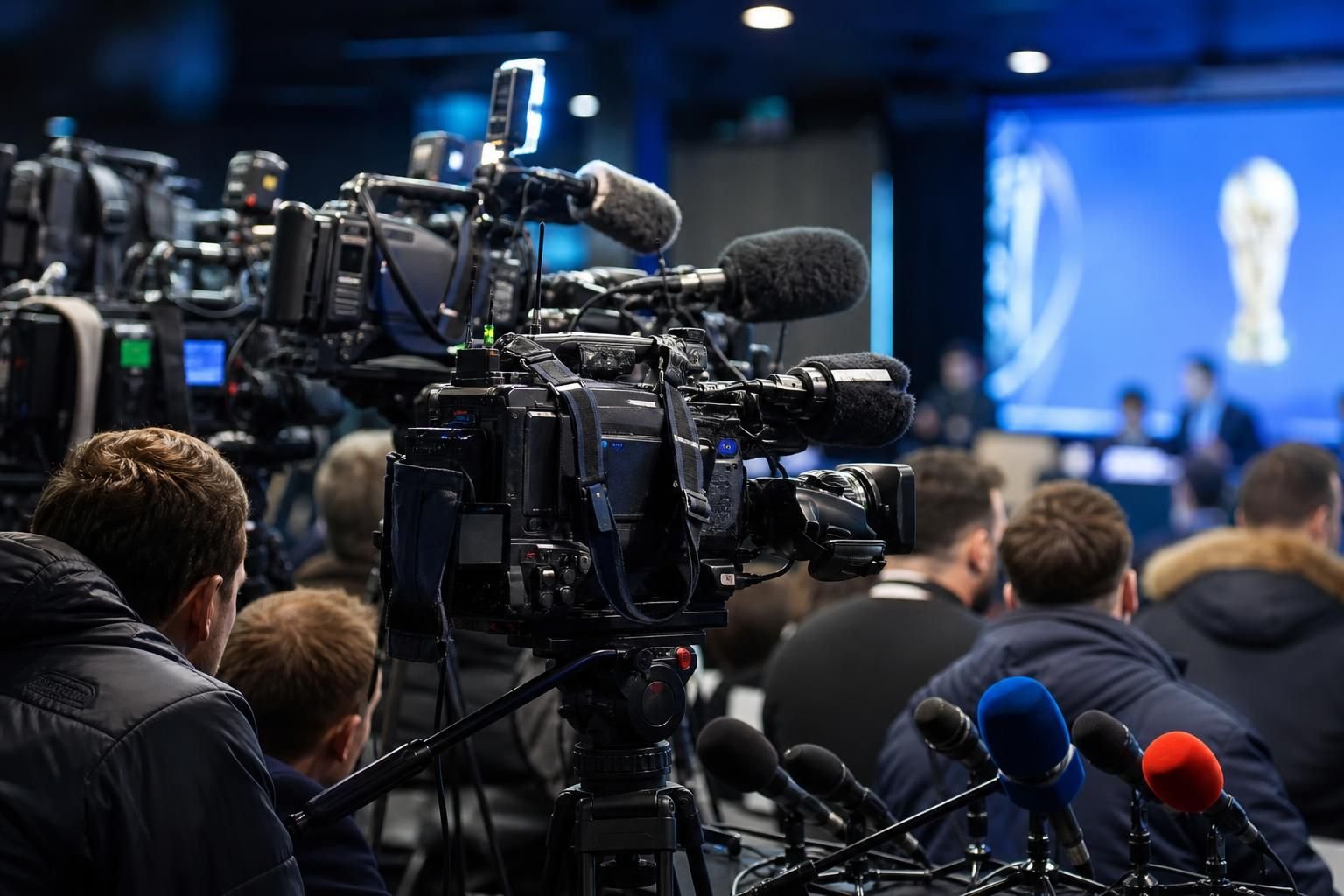 Persmicrofoons in een internationale voetbalcontext rond de gevoelige WK-zaak van een geweigerde scheidsrechter