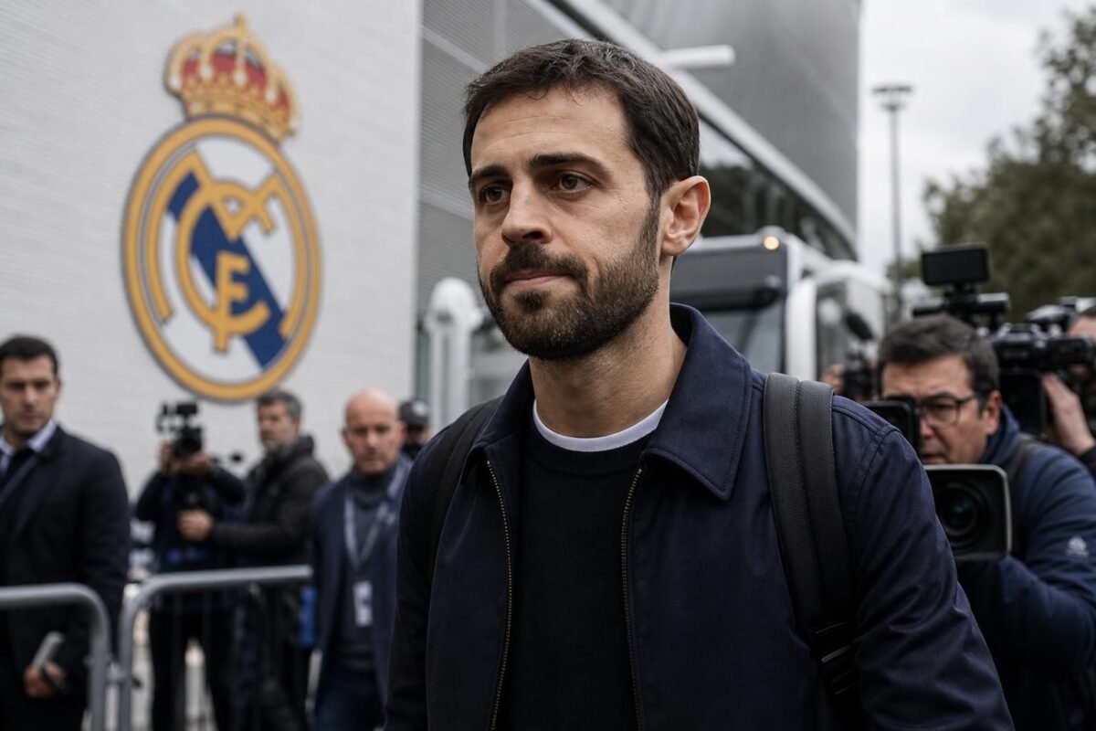 Bernardo Silva tijdens een voetbalcontext rond transfernieuws met Real Madrid en Manchester City