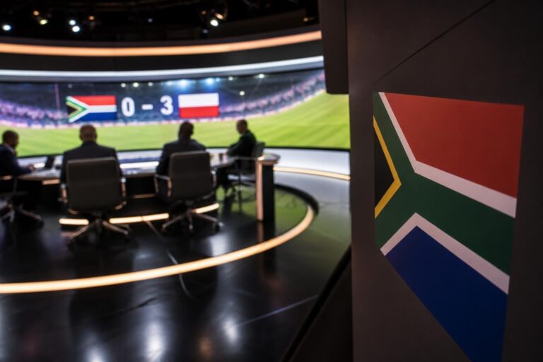 Voetbalanalisten in een gespannen televisiestudio na de WK-nederlaag van Zuid-Afrika tegen Mexico