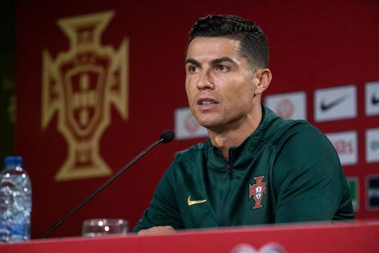 Cristiano Ronaldo tijdens een persmoment bij Portugal richting het WK