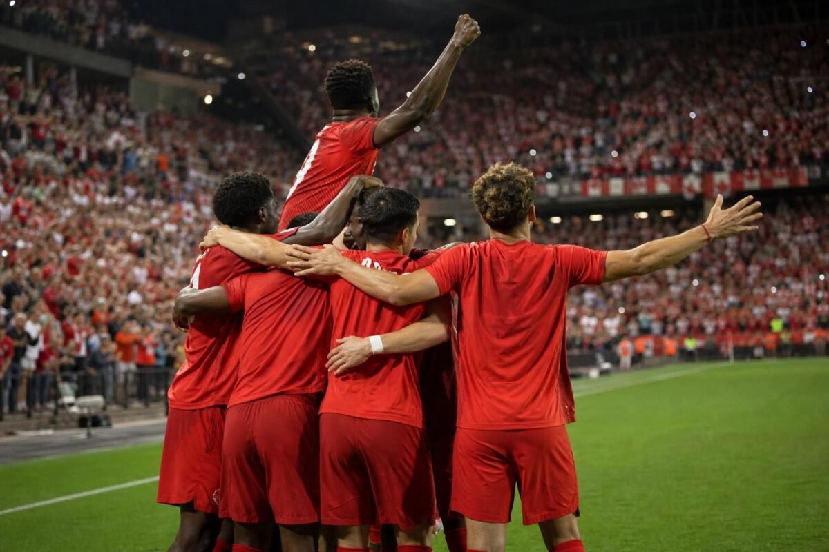 Canadese WK-spelers vieren een late gelijkmaker tegen Bosniรซ in Toronto