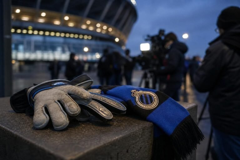 Transfercontext rond Club Brugge met doelmanhandschoenen en stadiondrukte zonder herkenbare gezichten