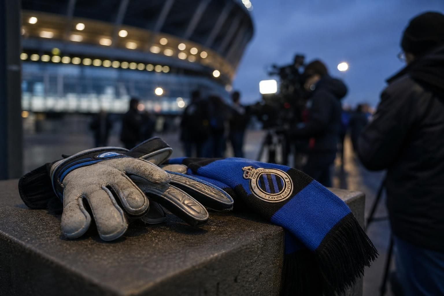 Transfercontext rond Club Brugge met doelmanhandschoenen en stadiondrukte zonder herkenbare gezichten