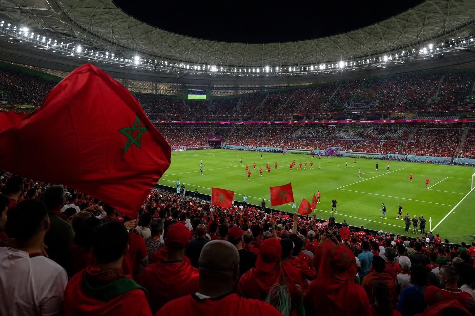 Marokkaanse WK-sfeer in het stadion voor de wedstrijd tegen Brazilië