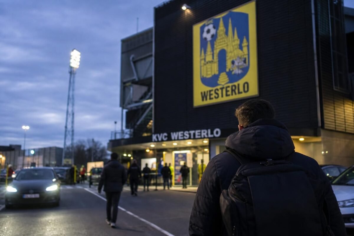 Een stadionomgeving bij KVC Westerlo in transfersfeer zonder herkenbare gezichten.