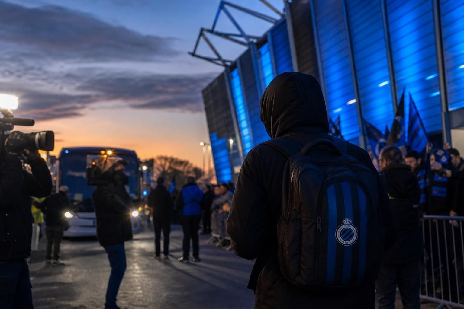Transfercontext rond Club Brugge met gespannen stadionomgeving en perscamera's