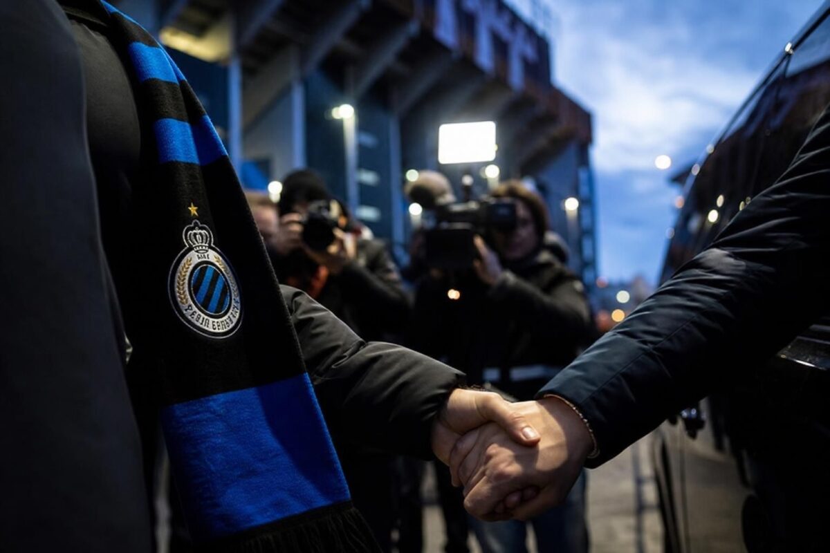 Transfercontext rond Club Brugge met gespannen stadionsfeer zonder herkenbare gezichten.