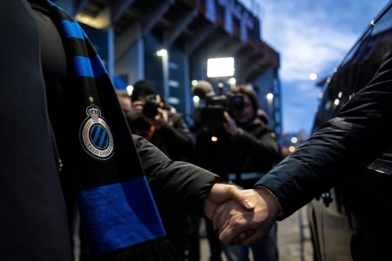 Transfercontext rond Club Brugge met gespannen stadionsfeer zonder herkenbare gezichten.