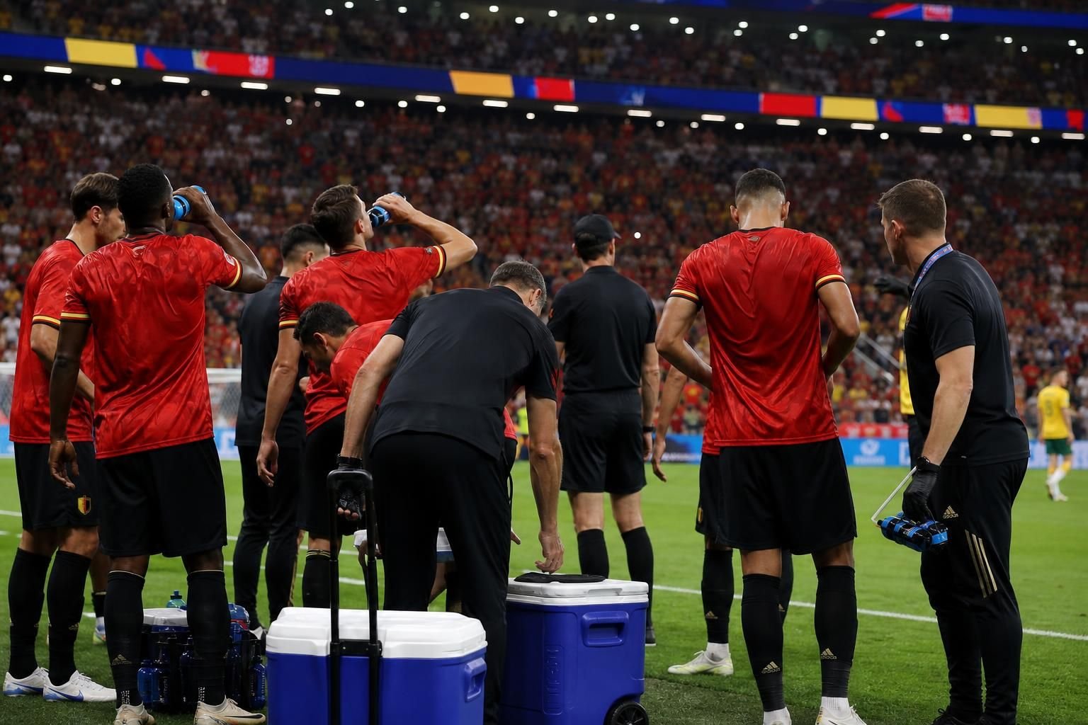 Spelers en staf wachten tijdens een verplichte drankpauze op het WK 2026