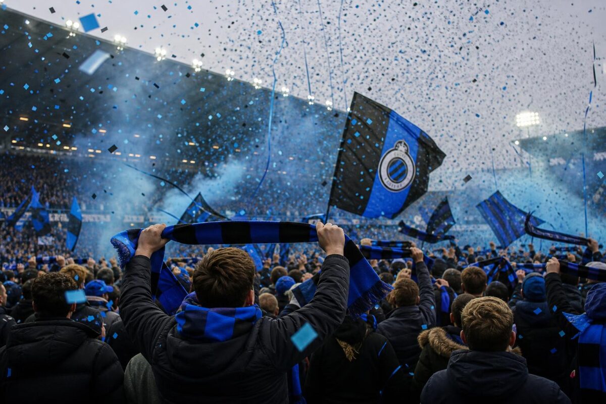 Supporters van Club Brugge vieren de landstitel in een blauw-zwarte stadionsfeer