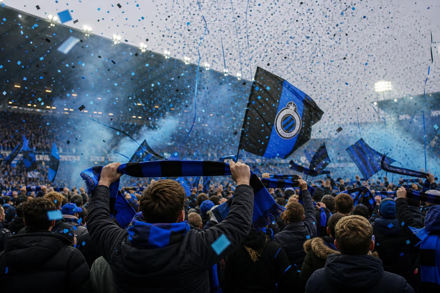 Supporters van Club Brugge vieren de landstitel in een blauw-zwarte stadionsfeer