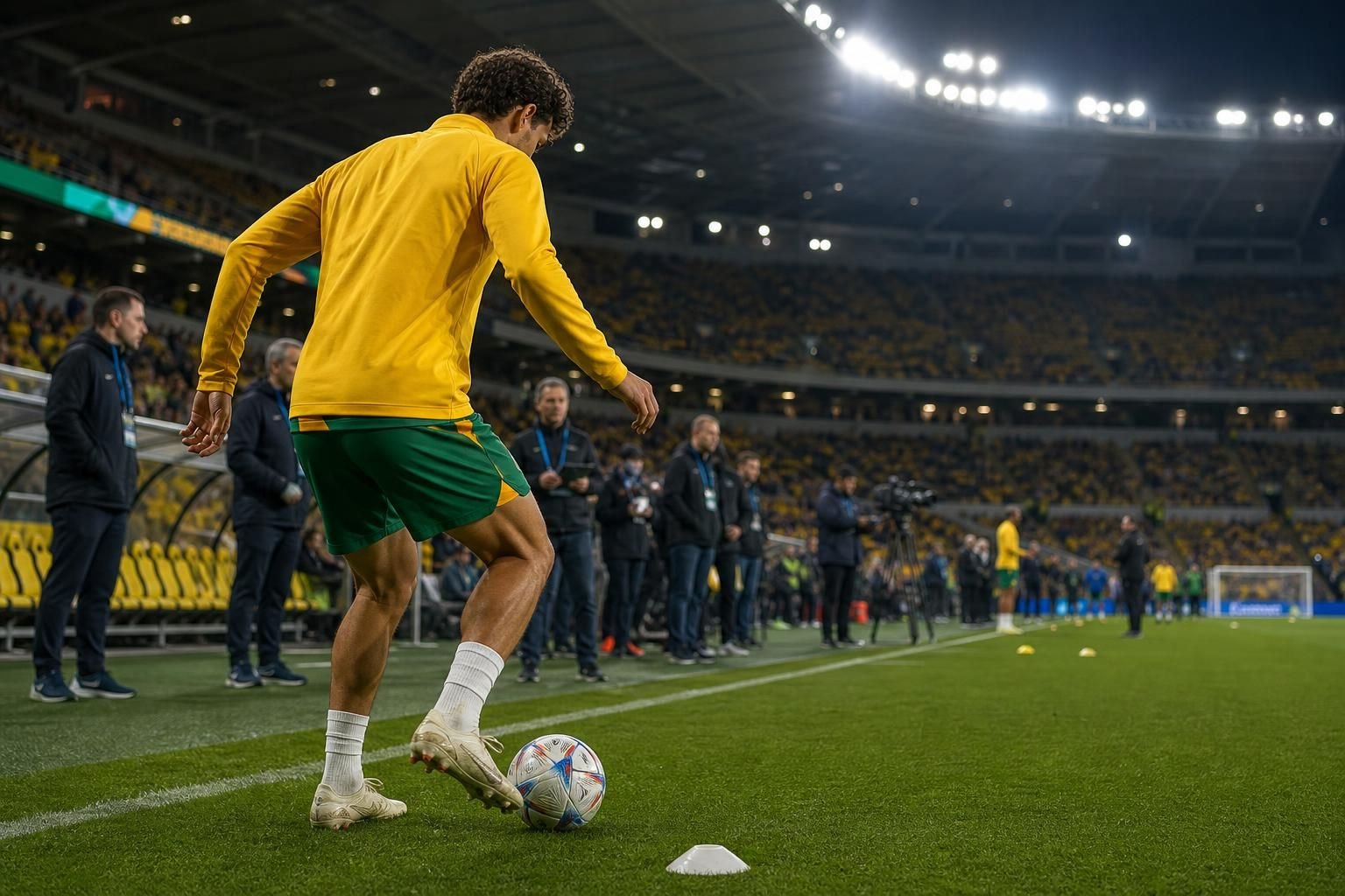 Australische voetballer in WK-context tijdens een tense warming-up zonder herkenbare gezichten