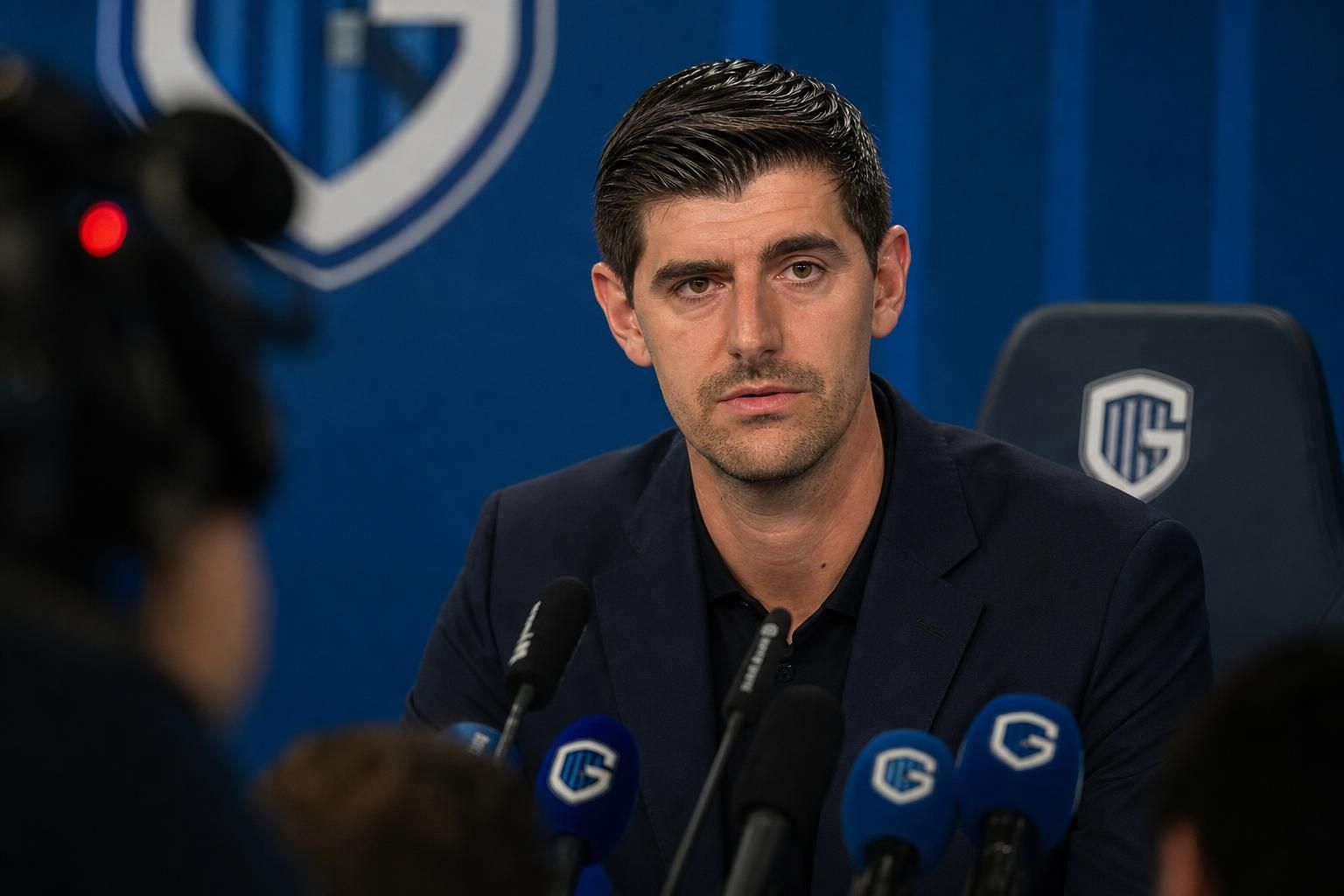 Thibaut Courtois in een perscontext rond zijn investering in KRC Genk
