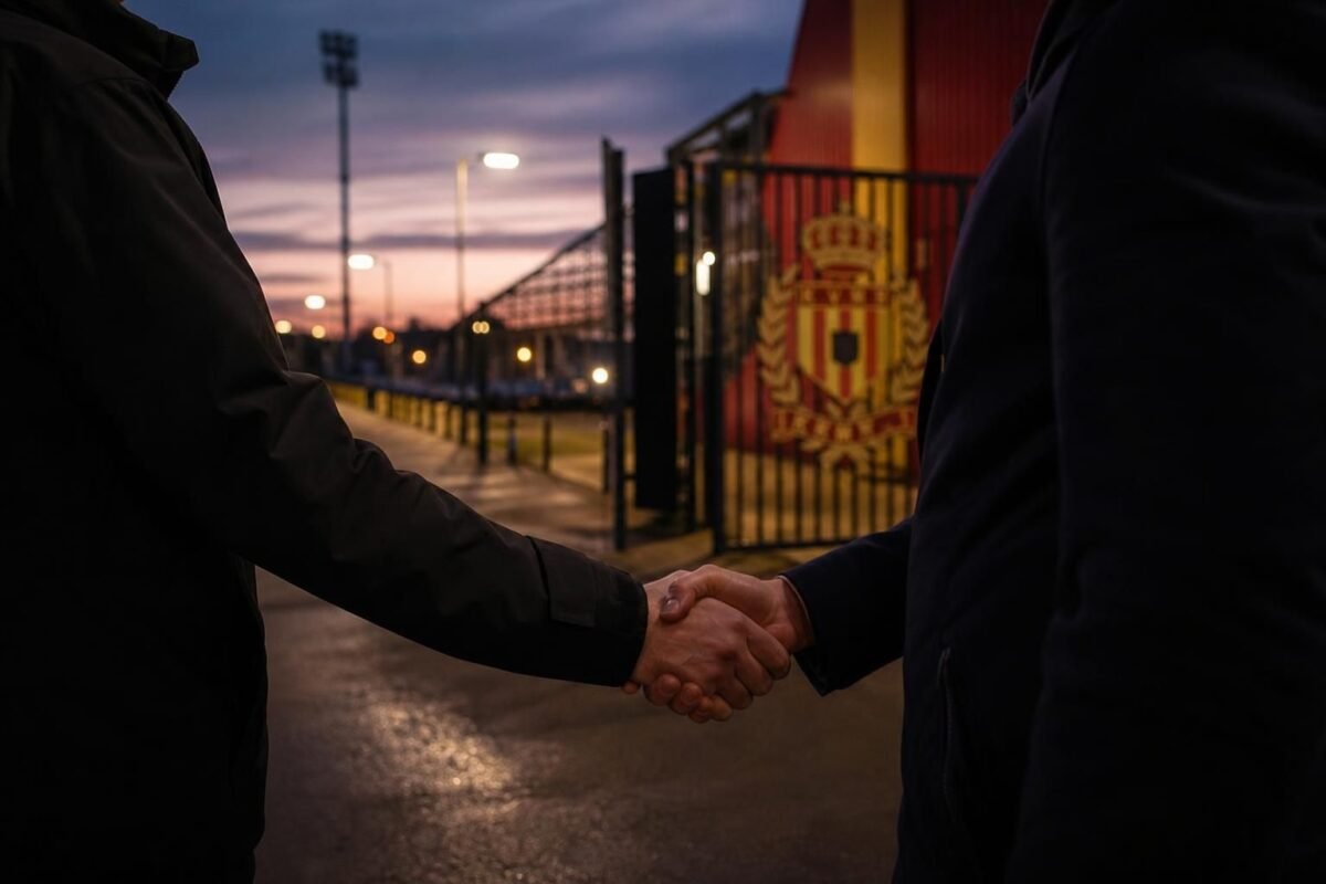 Transfercontext rond KV Mechelen met stadionomgeving en geel-rode sfeer zonder herkenbare gezichten