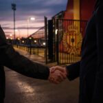 Transfercontext rond KV Mechelen met stadionomgeving en geel-rode sfeer zonder herkenbare gezichten