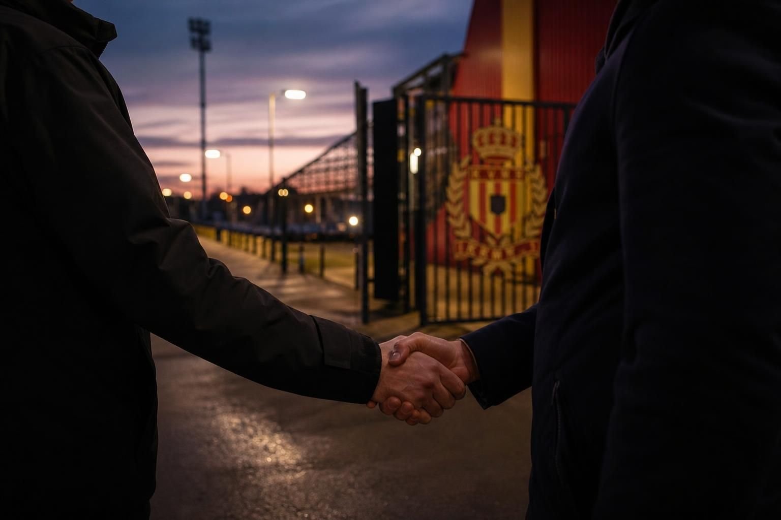 Transfercontext rond KV Mechelen met stadionomgeving en geel-rode sfeer zonder herkenbare gezichten