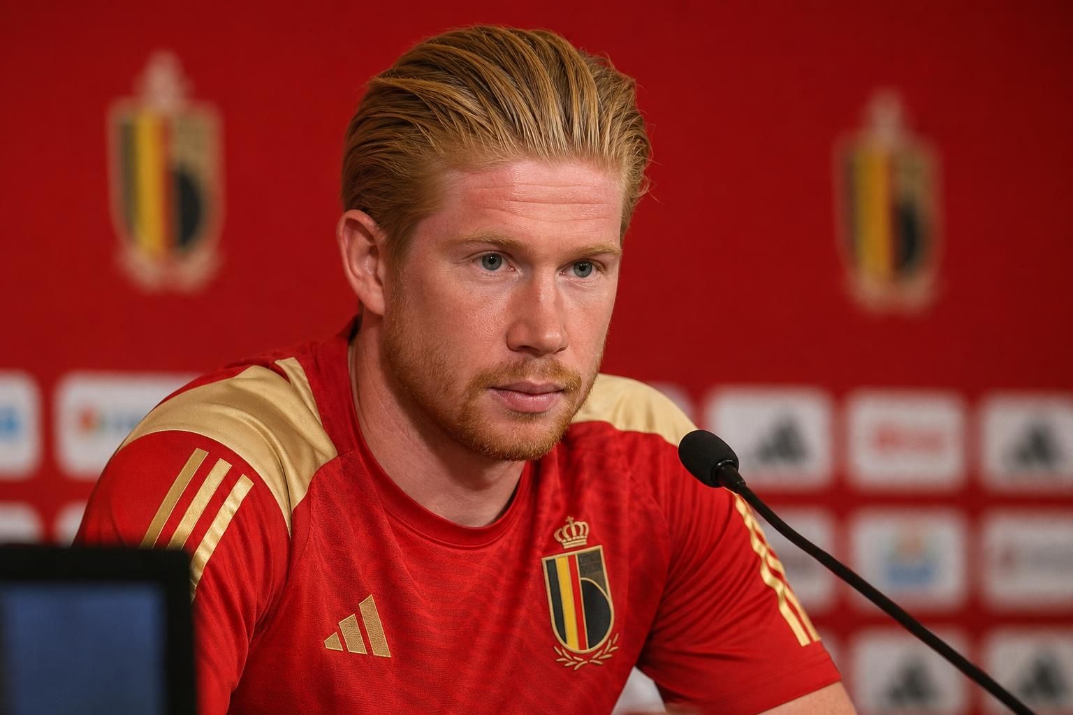 Kevin De Bruyne tijdens een persmoment van de Rode Duivels voor het WK-duel met Egypte