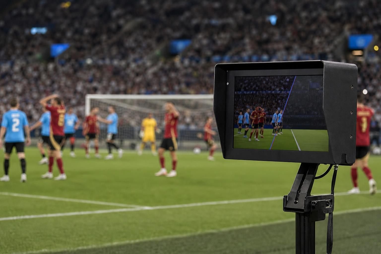 Gespannen WK-stadion met VAR-context na een omstreden penaltyfase zonder herkenbare gezichten