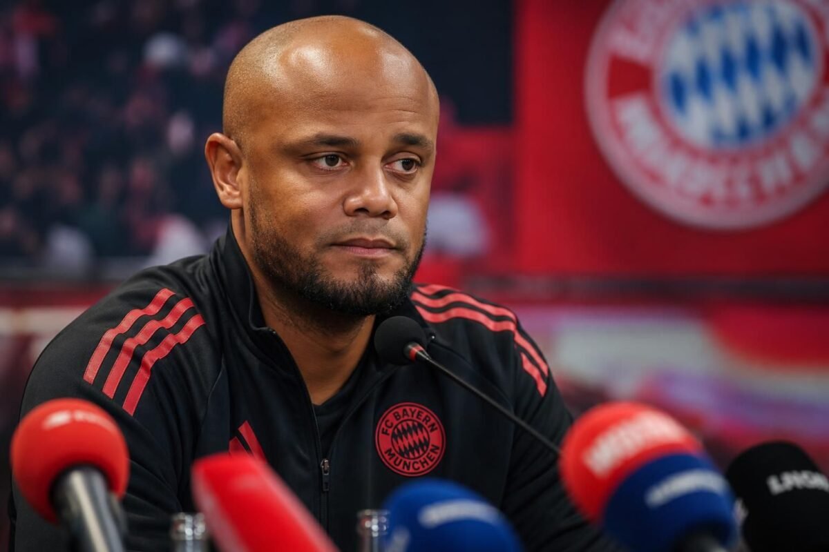 Vincent Kompany tijdens een persmoment bij Bayern München in transfercontext