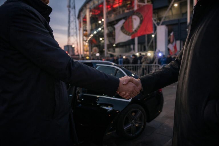 Transferachtige sfeer rond Feyenoord met stadionlichten en geen herkenbare gezichten