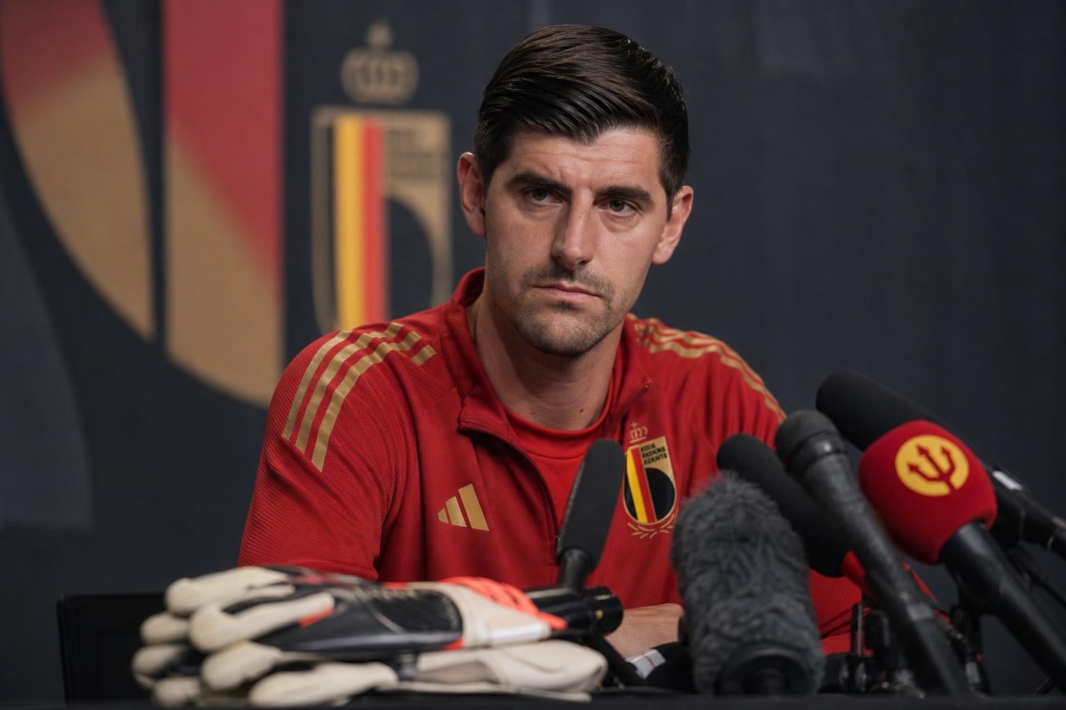 Thibaut Courtois tijdens een gespannen persmoment bij de Rode Duivels