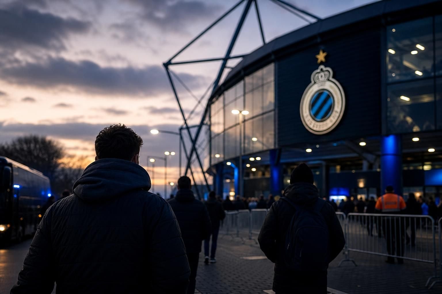 Transfercontext rond Club Brugge met blauw-zwarte stadionsfeer zonder herkenbare gezichten