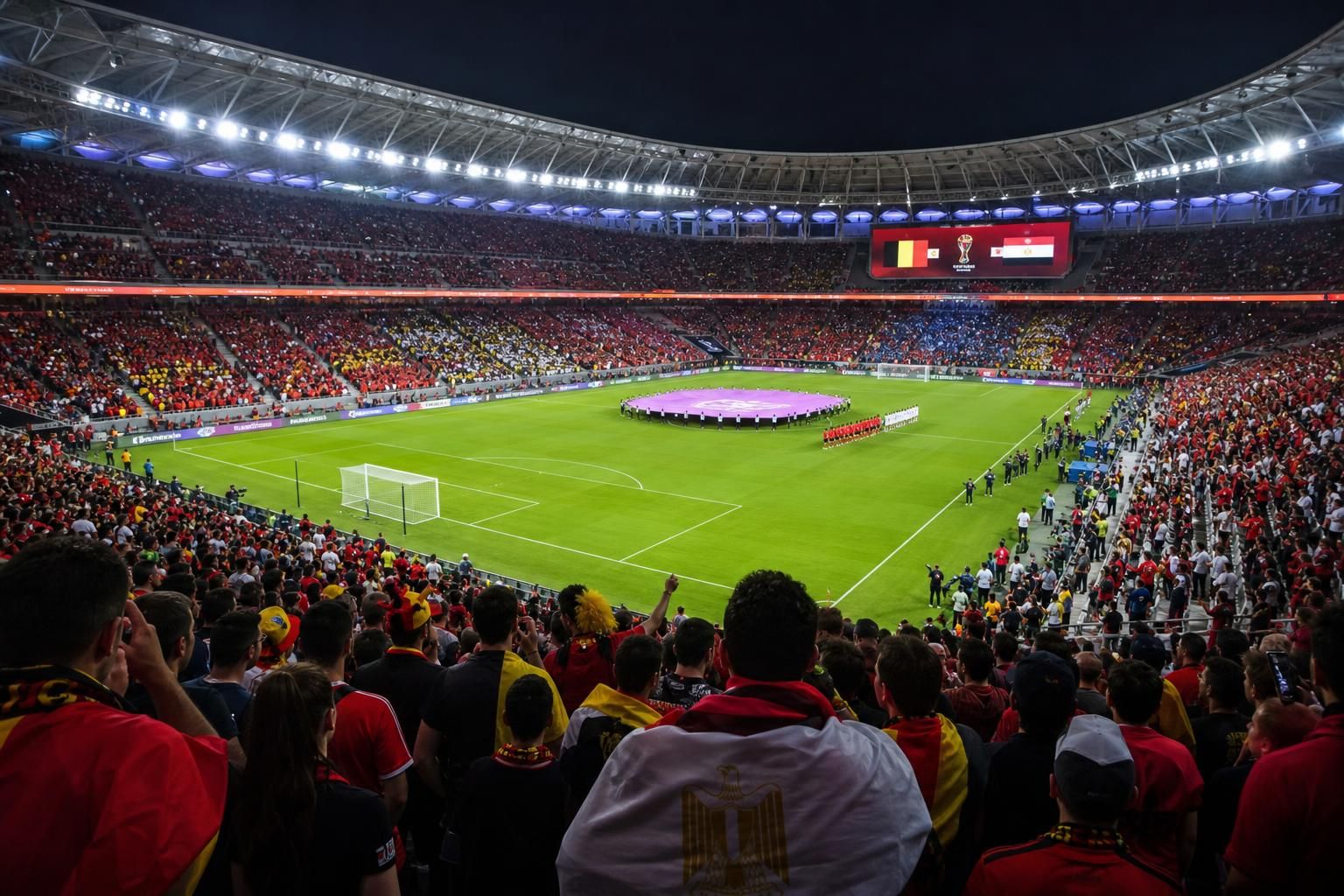 Gespannen WK-sfeer in een stadion voor de openingswedstrijd van de Rode Duivels tegen Egypte