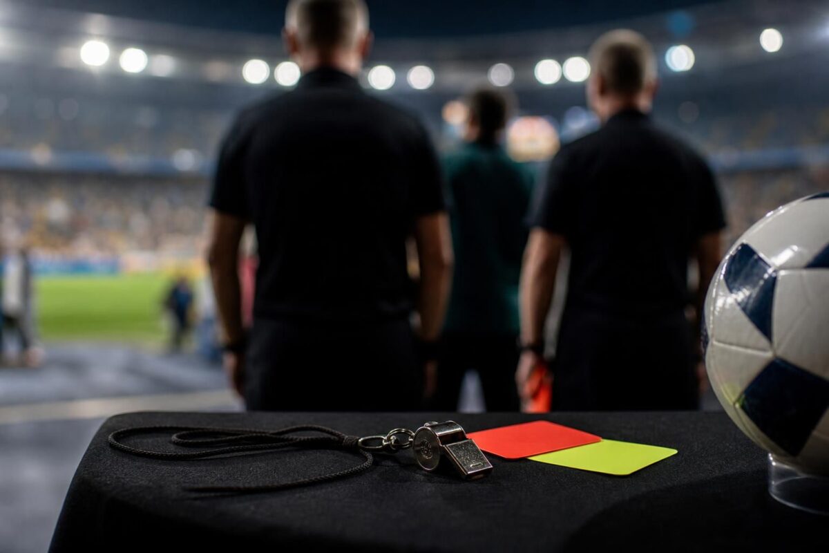 Een gespannen scheidsrechterscontext in een stadion zonder herkenbare gezichten
