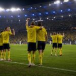 Zweedse spelers vieren vanop afstand een doelpunt tijdens de WK-wedstrijd tegen Tunesië.