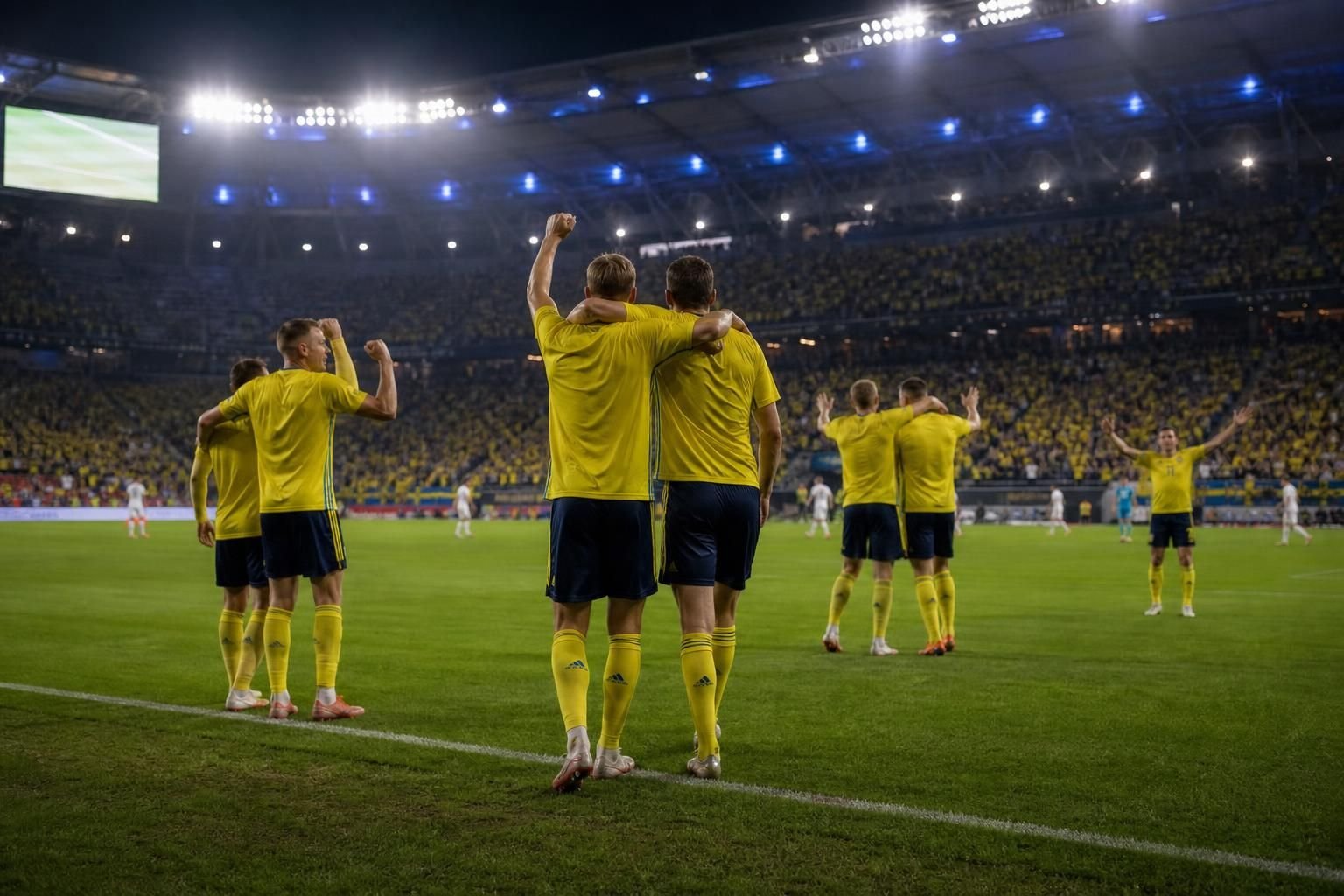 Zweedse spelers vieren vanop afstand een doelpunt tijdens de WK-wedstrijd tegen Tunesië.