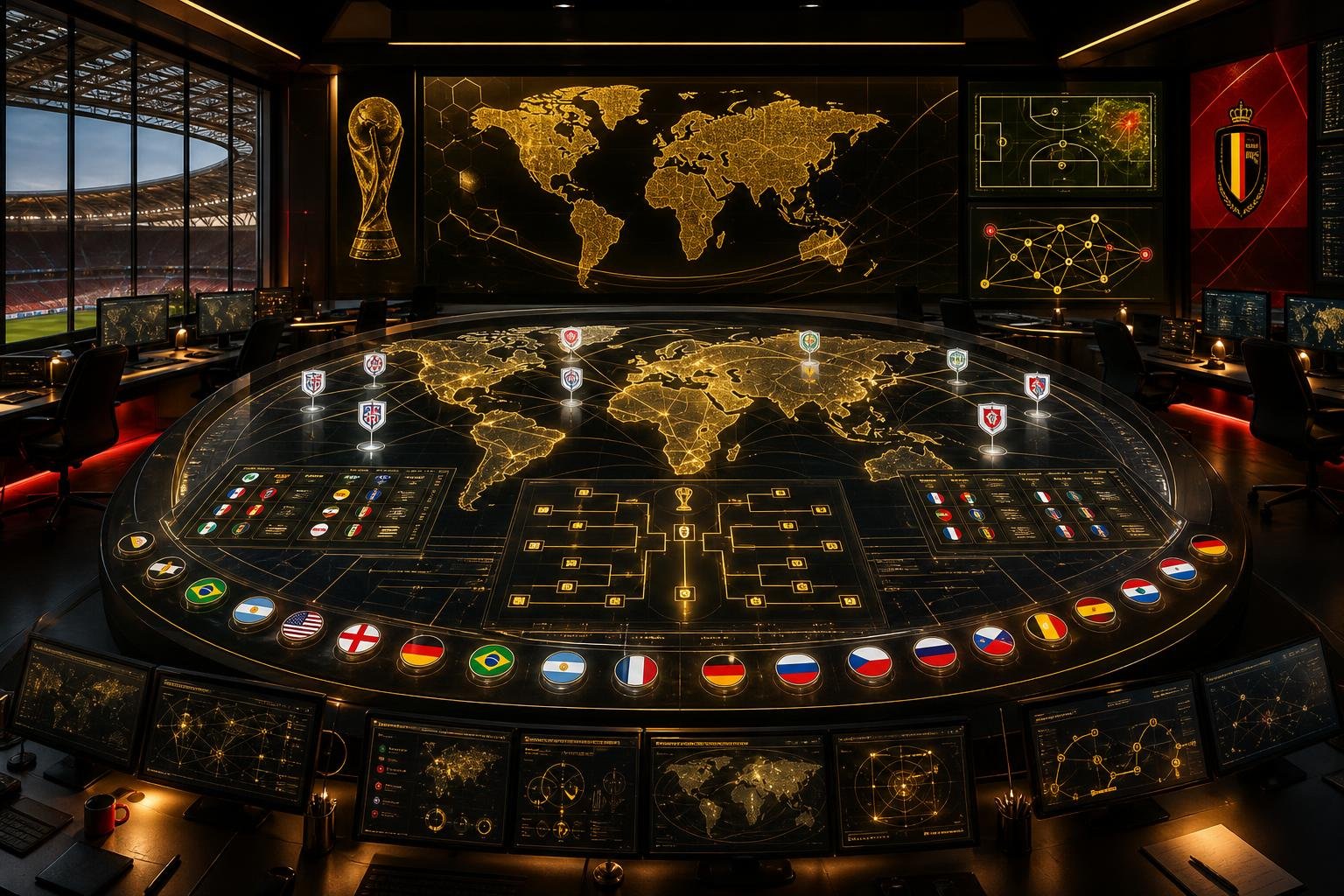 Premium WK AnalyseCentrum met goudkleurig command center, wereldkaart en Belgische accenten voor WK 2026.