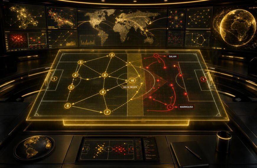 Tactische visualisatie van Belgiรซ tegen Egypte met focus op de valse negen en Egyptische counters