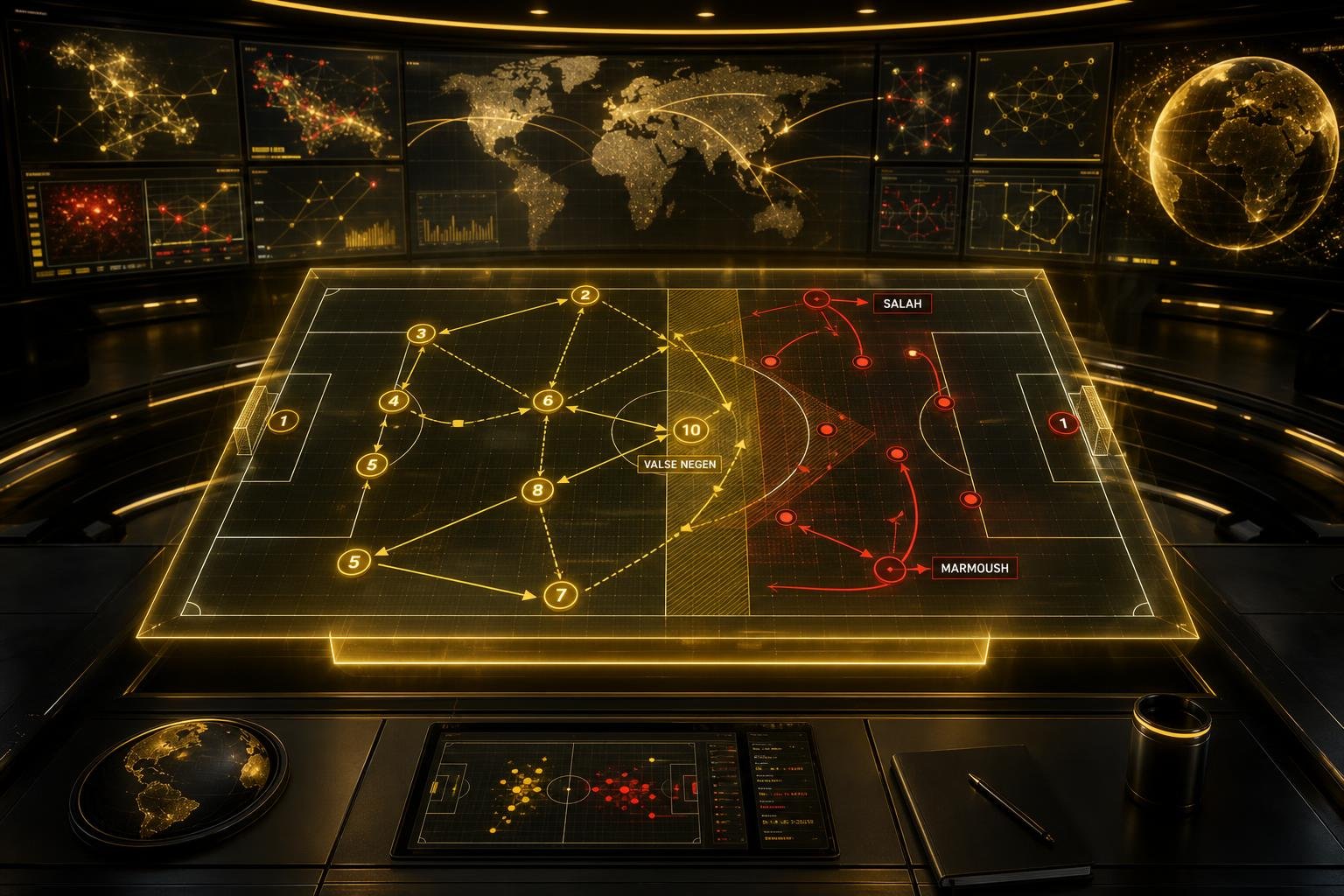 Tactische visualisatie van Belgiรซ tegen Egypte met focus op de valse negen en Egyptische counters