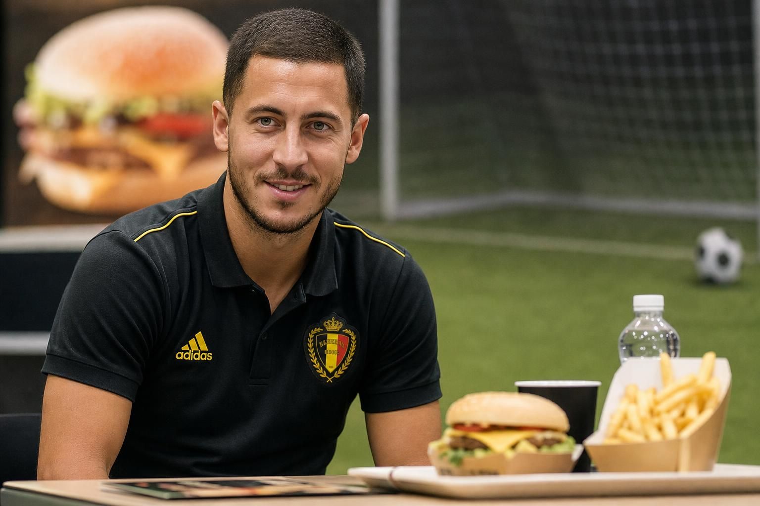 Eden Hazard tijdens een luchtige voetbalpromotie rond een nieuwe burger