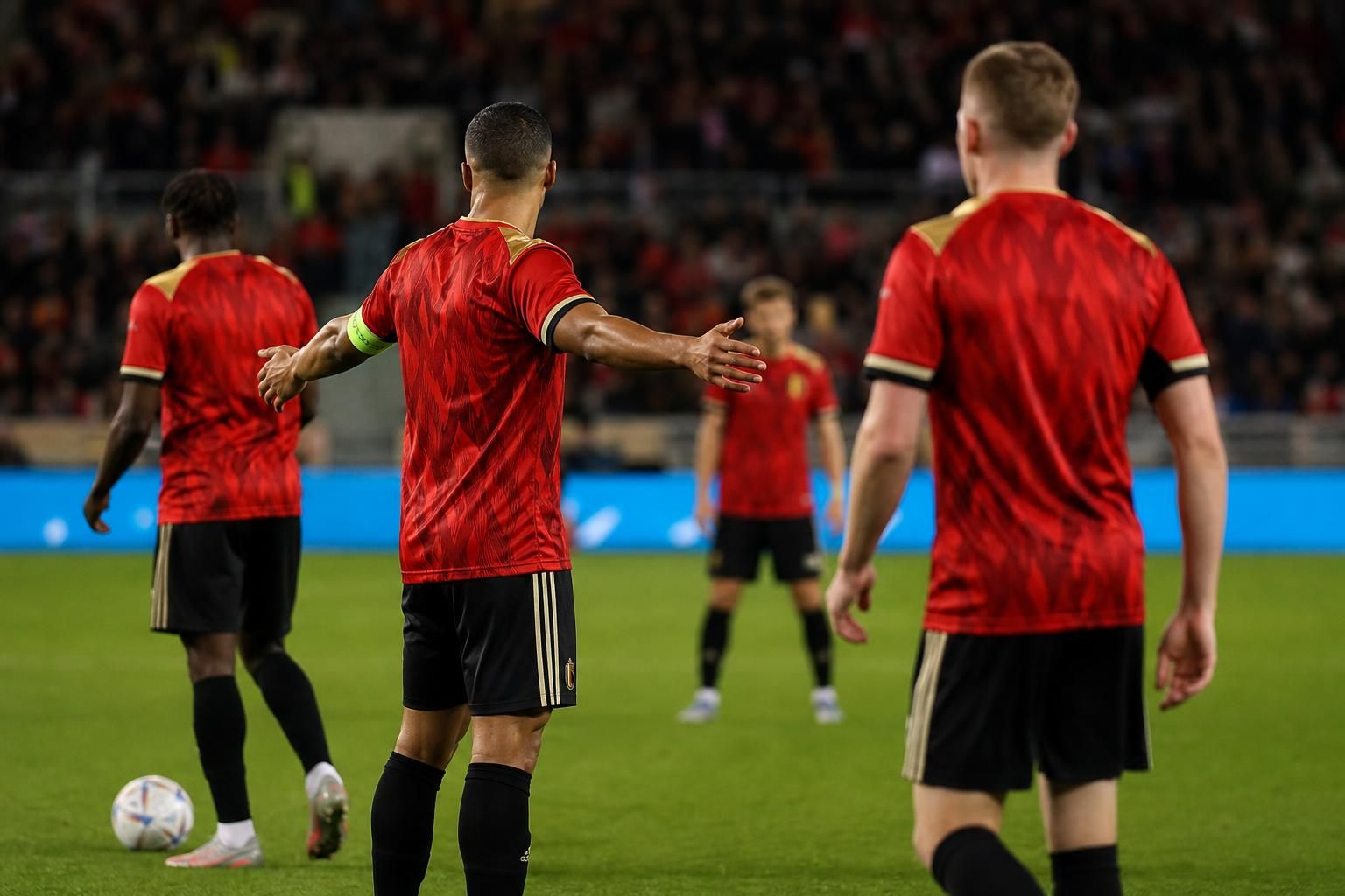 Belgische verdediging in actie tijdens een wedstrijd van de Rode Duivels