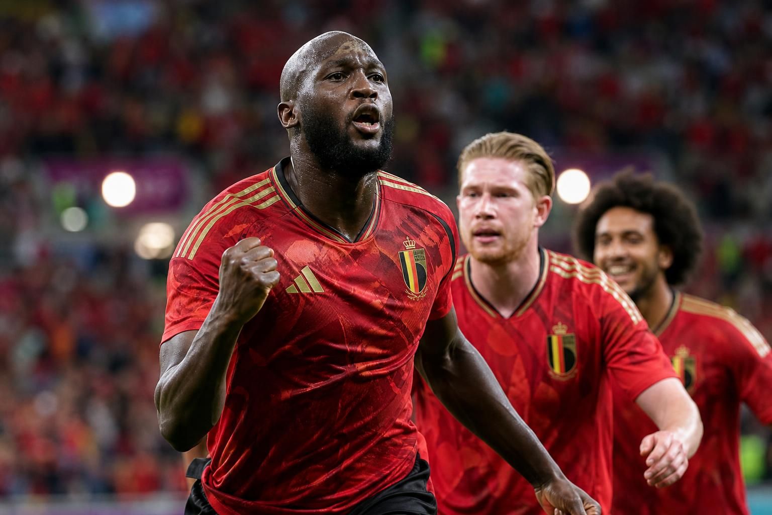 Romelu Lukaku viert na de gelijkmaker van de Rode Duivels tegen Egypte