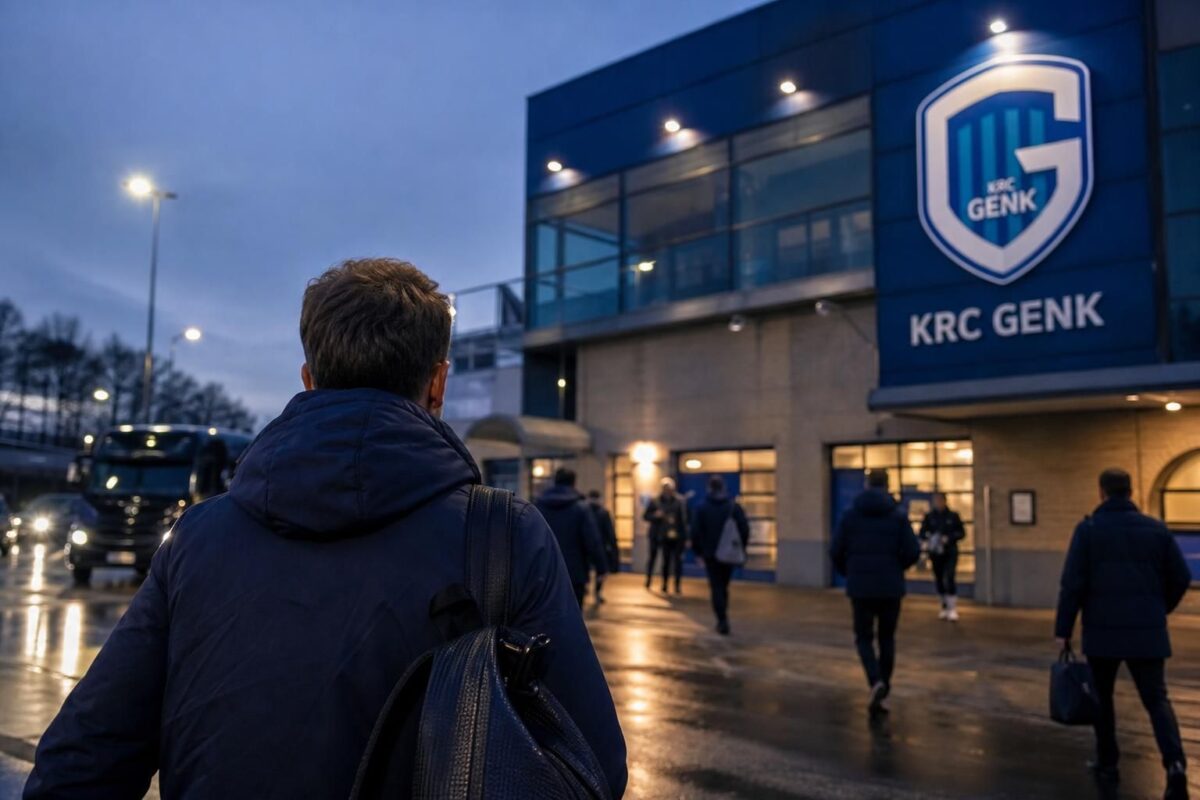 Transfercontext rond KRC Genk met gespannen stadionomgeving zonder herkenbare personen