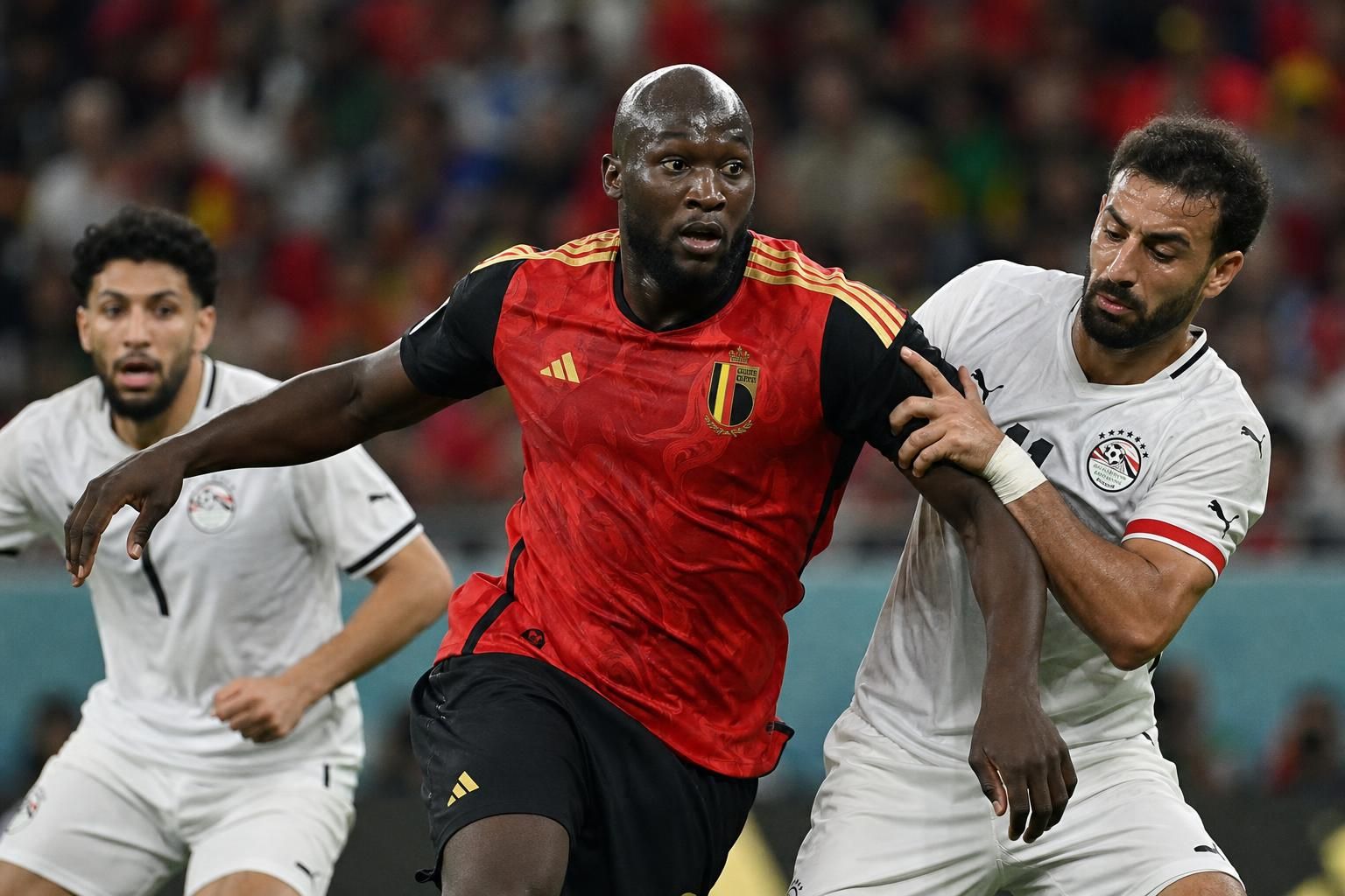 Romelu Lukaku in actie bij de Rode Duivels tijdens een WK-wedstrijd.