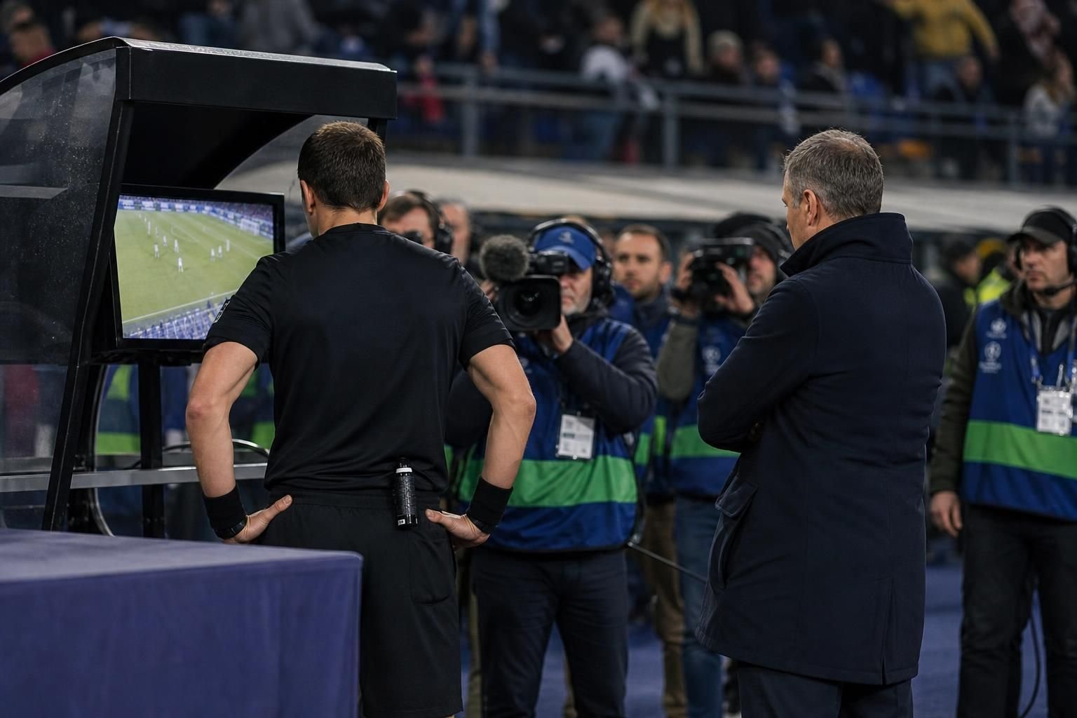VAR-monitoren in een stadioncontext tijdens een gevoelige arbitragediscussie zonder herkenbare gezichten
